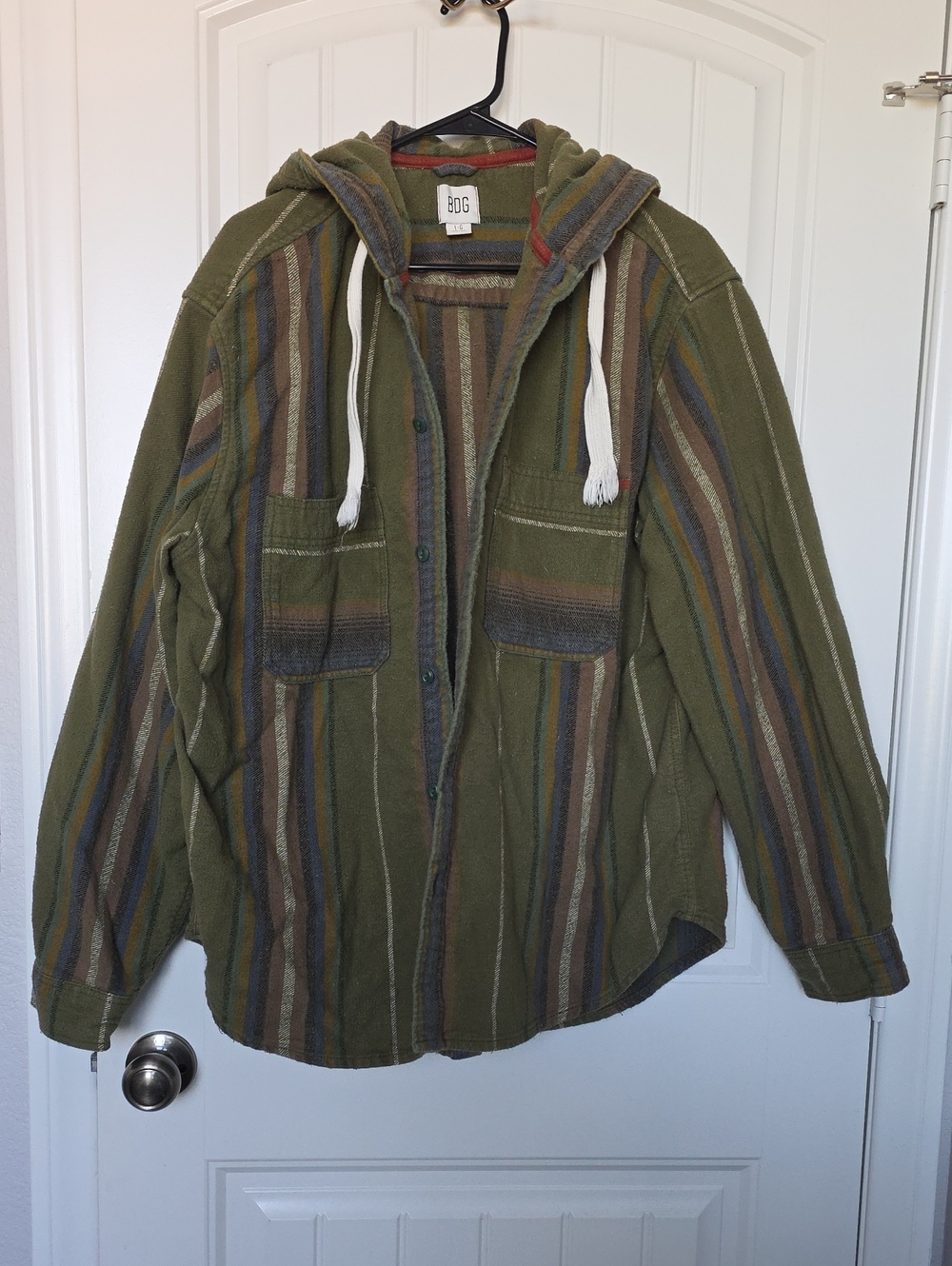 BDG Olive Hooded Striped Flannel Jacket